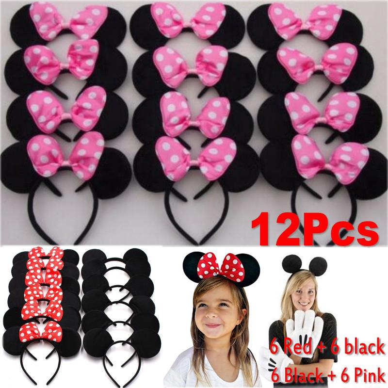 12 pzs diademas orejas Minnie Mickey Mouse negro rojo rosa arco fiesta de cumpleaños