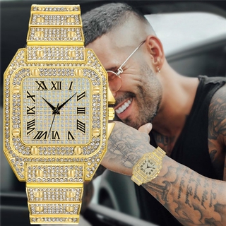 Reloj de cuarzo cuadrado con diamantes de imitación de diamantes de imitación de lujo dorado para hombres
