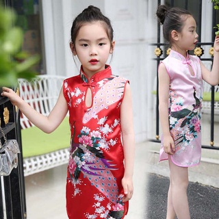 centec lindo niño vestidos de niños ropa de verano cheongsam vestido qipao pavo real sin mangas slim niñas estilo chino vestido tradicional/multicolor (4)