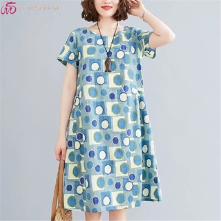 eric521430 Women Dress Polka Dot Pattern Printing Loose Thin Type Casual Mid-length Short-sleeve Dress
