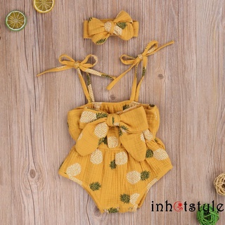 Ty-2pcs Baby Summer Wear, piña/Polka Dot impreso Spaghetti Straps mameluco + Bowknot diadema para niños pequeños, niñas
