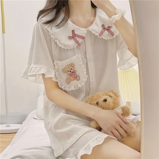 Verano lindo pijamas mujeres 2021 nuevo ins dulce japonés suelto oso bordado servicio a domicilio traje de dos piezas (1)
