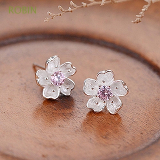 ROBIN pendientes Sakura de Zirconia cúbica para mujer, diseño de flor de cerezo, elegante, Color rosa, Color morado, cristal, diamantes de imitación, Multicolor