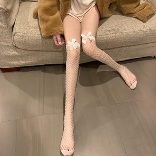Sexy Cutout Fishnet Stockings Women's Autumn New Fashion Bowknot Tube Socks Stockings (Thin) White Knee High Socks