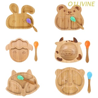 O1LI Baby Infants Natural Bamboo Bowl Spoon Set Cartoon Animal Divided Dinner Plate