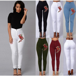leiter_Fashion Sexy Women Skinny Floral Applique Jeans High Waist Stretch Pencil Pants