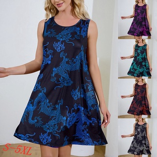 Fashion Womens O-Neck Casual Print Sleeveless Dress Loose Party Mini Dress