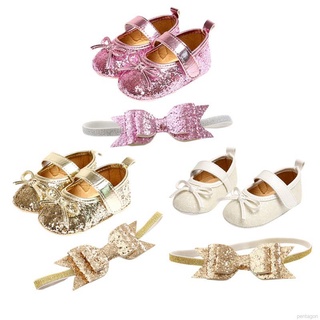 2 Unids/set Bebé Niña Princesa Zapatos Con Diadema Suela Suave Antideslizante Calzado 0-18M Bowknot Brillante Cuna