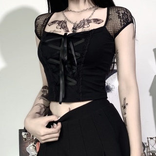 InsGoth-camisetas Vintage góticas para mujer, camiseta negra de encaje ajustada, ropa de calle gótica, Top Sexy informal de malla