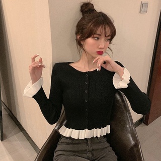 Las mujeres del nuevo estilo coreano otoño delgado Color sólido Slim Fit corto elástico de manga larga suéter Tup Cardigan