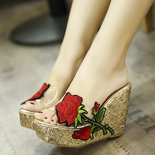 cuña zapatillas mujer moda bordado flor plataforma sandalias cuña