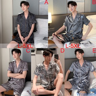 [en Stock] coreano de la moda más el tamaño de L-5XL para hombre de seda satén pijamas conjunto masculino ropa de hogar ropa de dormir de manga corta pijama Baju Tidur ropa de dormir traje