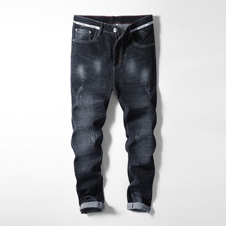 2021 otoño invierno nuevos hombres personalizado moda jeans agujero elástico slim fit pequeño recto hombres jeans