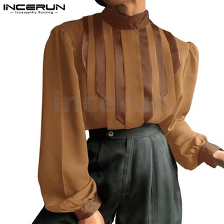 INCERUN Men's Vintage Style Pleated Long Sleeve Solid Color Turtle Neck Shirt