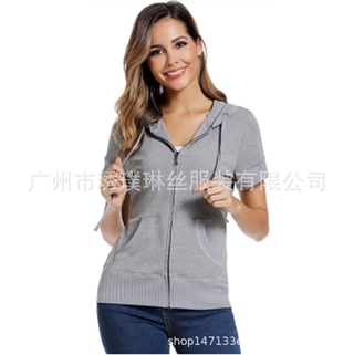 【New】Amazon AliExpress European and American Style Women Short Sleeve Full Zipper Hooded Sweatshirt Kangaroo Pocket Slim Fit Sweatshirt Sweatshirt (2)