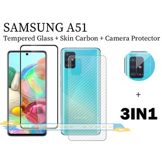 3in1 Samsung A51 A71 5G A12 A42 A52 A72 A32 Full Screen Tempered Glass Film +Camera lens film+Carbon Fiber Back Film