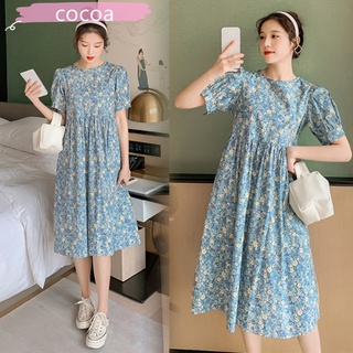 Cocoa Pregnant Dress Cotton Floral Pattern Round Neck Puff-sleeve Maternity Dress