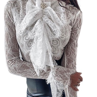 APOLOGIZE-mujer encaje transparente camisa cuello alto manga larga pajarita volantes moda