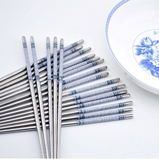 palillos anti-saltar 1/5 pares de palillos de acero inoxidable juego de palillos de porcelana azul y blanco