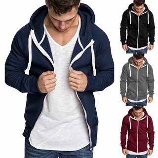 Mens Pure Color Zipper Pullover Long Sleeve Hooded Sweatshirt Tops Blouse