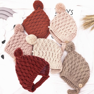 brroa Winter Warm Baby Cap Fur Ball Pompom Beanie Cap Kids Children Girls Boys Ear Protection Knitted Solid Color Hat