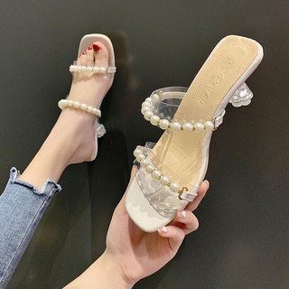 Estilo de hadas perla dedo del pie abierto de tacón alto chanclas de las mujeres de la moda sandalias 2021 nuevo verano stiletto tacón zapatillas de las mujeres desgaste exterior