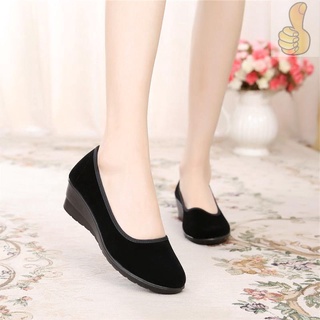 Nuevo de las mujeres de la pendiente de tacón único zapatos de lona negro enfermera Hotel zapatos de suela suave tacones 4cm