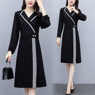 Las mujeres traje de cuello vestido otoño nueva moda coreana temperamento negro vestido coreano vestido