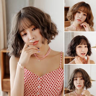 Women Short Curly Wig Korean Style Corn Perm Hair Extension Bob 30cm Full Wig Black Brown with Bangs