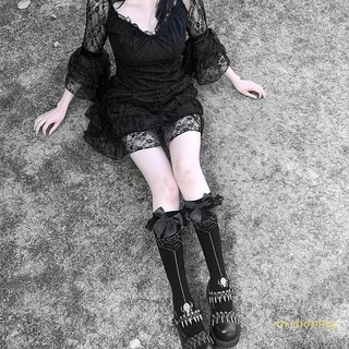 Ivy mujeres gótico Punk Halloween araña Web rodilla calcetines altos Lolita volantes encaje Bowknot negro medias Cosplay Hosiery Streetwear (1)