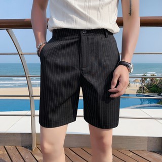 Los hombres de verano traje pantalones delgados de cinco puntos pantalones delgados pantalones cortos de la juventud versión coreana de la tendencia de rayas negras británicas pantalones casuales