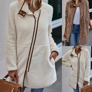 jiaduiz mujer manga larga bolsillo cremallera abrigo peludo cálido invierno mitad de longitud chamarra prendas de abrigo