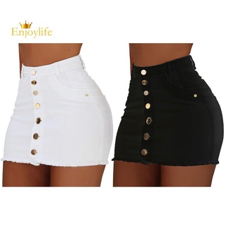 Mini faldas elásticas de mezclilla para mujer/botón de mezclilla/falda de club de Cintura Alta/verano blanco S