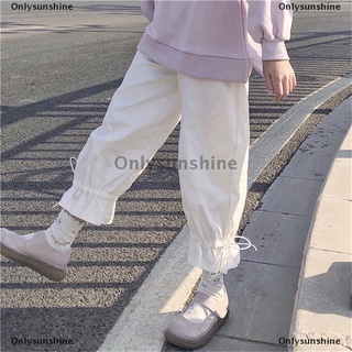 Onlysunshine| Con cordones de algodón sólido estilo de ocio dulce moda ancho de la pierna Casual pantalones