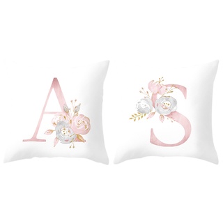 2 Pcs 18 Inch Letter Pink Floral Printing Pillow Case Throw Cushion Cover Pillow Cover Home Decor, Letter A & Letter S