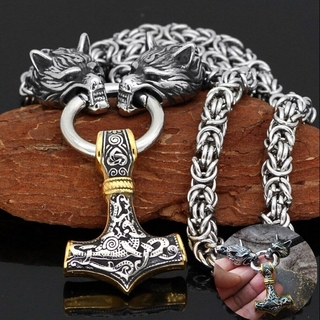 Vintage Nordic hombre 316L acero inoxidable vikingo cuero cabelludo cadena y martillo de thor Mjolnir colgante collar