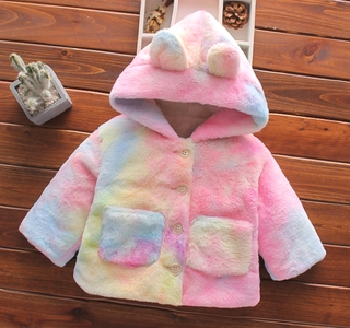 MMB-Little Girl Imitation Fur Coat, Tie-dyed Long Sleeve Rabbit Ears Hooded