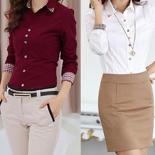 Mujer oficina carrera Formal Revit cuello tachonado botón hasta blusa OL camisa superior