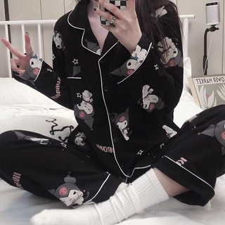 Pijamas para las mujeres Kuromi Sanrio baharu flores estaciones y manga larga completa fuera sut niñas dulce perkhidmatan casa chica y exterior usando nueva primavera y Texhidor traje casero