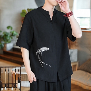 algodón cáñamo t-shirt de los hombres de estilo nacional bordado v-cuello bobina botón corto camiseta hanfu top