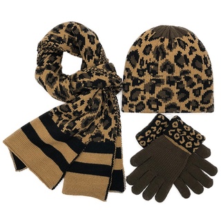 oso girl leopard print sombrero bufanda guantes invierno cálido punto beanie sombrero guantes