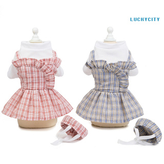 luckycity 2 unids/Set ropa para mascotas diseño a cuadros agradable a la piel transpirable mascota perro Stap vestido sombrero Kit para verano