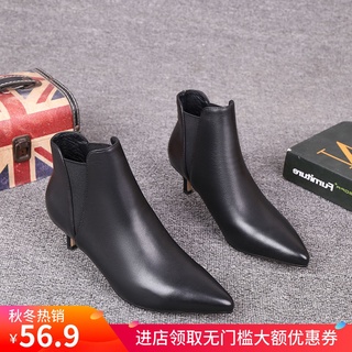 Botines de cuero genuino para mujer2021Otoño nuevos zapatos de tacón bajo con tacón de gato botas de tobillo con punta de aguja (1)