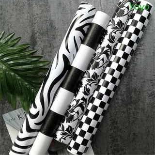 Moderno Papel tapiz yoyo 45cm X 10m Pvc rayado en blanco y negro adhesivo autoadhesivo De Papel tapiz