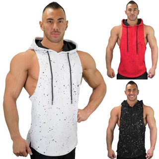 Men Sleeveless Hoodies Print Slim Fit Breathable Tops for Running Sports Fitness