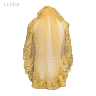 Inn mujeres de malla suave metalizada de oro lentejuelas bordado encaje Vintage Mantilla velo de boda cabeza cubierta con peine fiesta disfraz