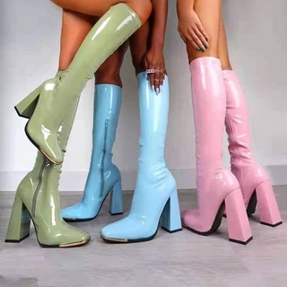 Women Knee High Square Toe Bucket Boot Bright Leather Chunky Heel Riding Boots Thick High Heel