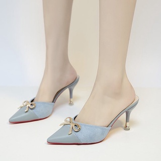 Productos de puntoXH💝Sandalias de tacón de aguja para mujer2021Verano nuevo Sexy bajo-Corte Bowknot Baotou Internet-famoso Semi zapatillas
