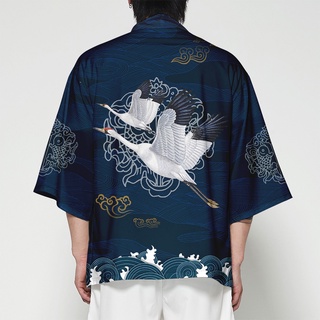 Dos piezas traje S-4XL suelto Cardigan grúa mujeres hombres Cosplay Yukata ropa Harajuku Samurai Kimono + pantalones cortos conjuntos (2)