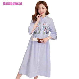 <Rainbowcat> Pregnant Women Dress Long Sleeve Casual Striped Embroidered Maternity Top Dress (5)